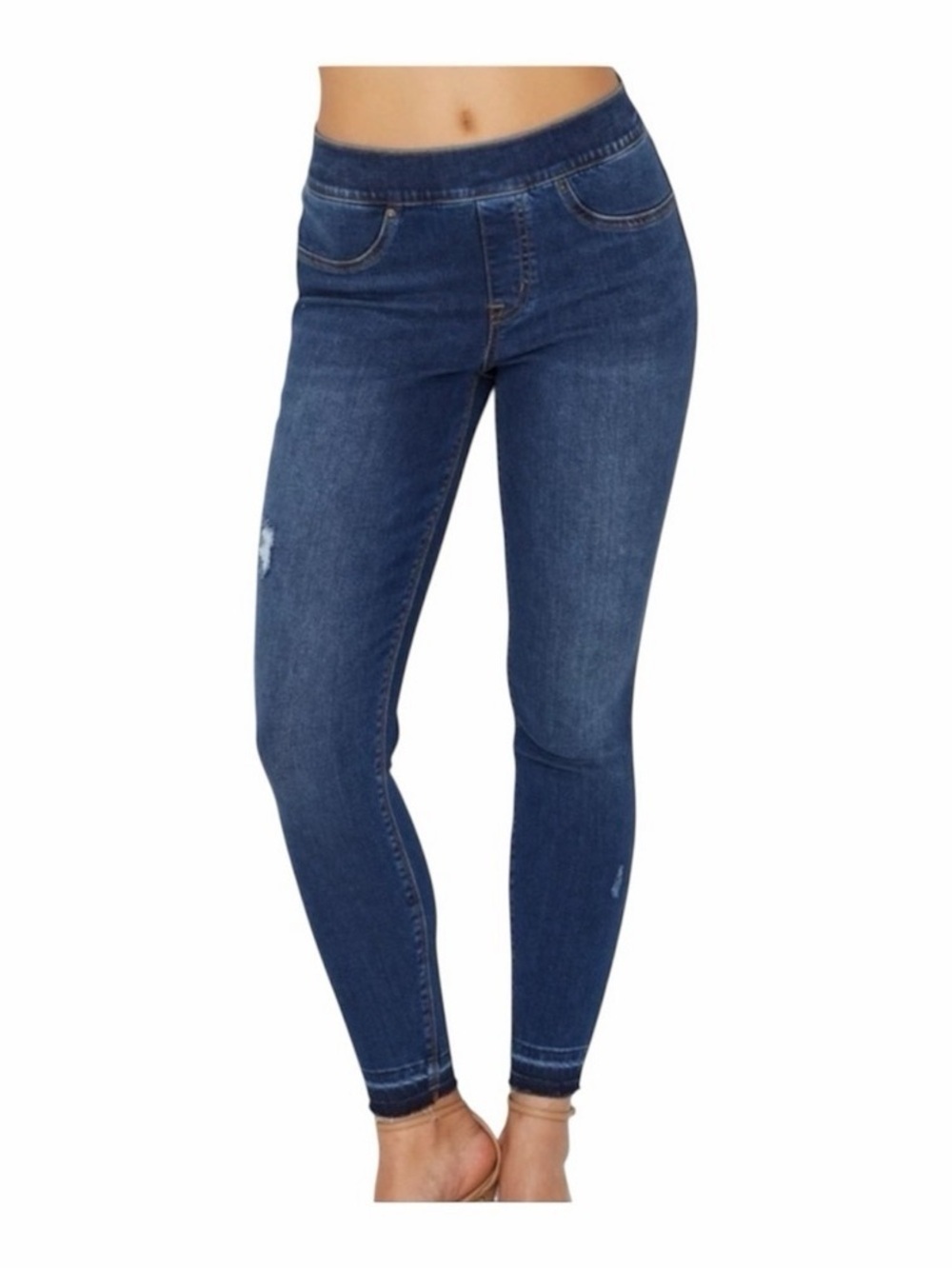 Spanx Women's Medium Wash Distressed Blue Skinny Jeans Raw Hem Size SP
